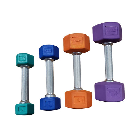 Image of TAG Fitness CHEX Colored Hex One-Piece Solid Rubber Dumbbell Pairs - Barbell Flex