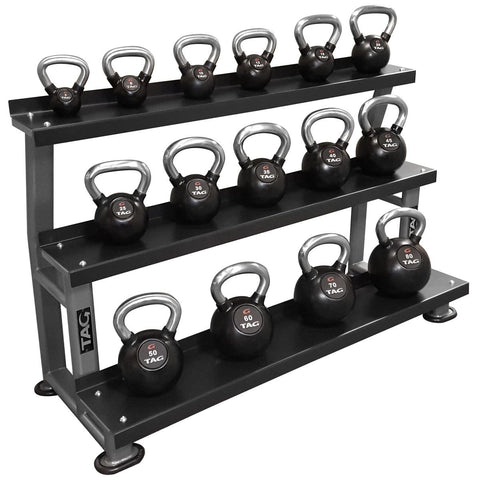Image of TAG FITNESS 3-Tier Steel Shelves Flat Tray Kettlebell Storage Rack - Barbell Flex