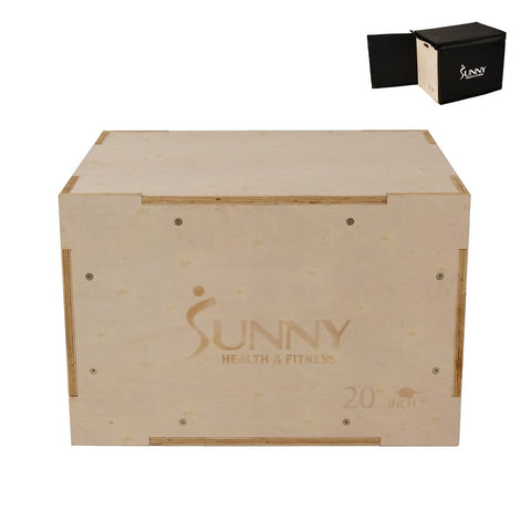Sunny Health & Fitness Wood Plyo Box w/ Removable Cover, 500 lb Weight Capacity & 3 in 1 Height Adjustment - 30"/24"/20" - Barbell Flex