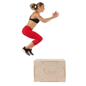 Sunny Health & Fitness Wood Plyo Box w/ Removable Cover, 500 lb Weight Capacity & 3 in 1 Height Adjustment - 30"/24"/20" - Barbell Flex