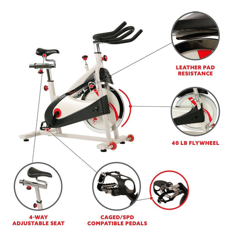 Image of Sunny Health & Fitness Clipless Pedal Premium Indoor Cycling Exercise Bike with Belt Drive - Barbell Flex