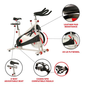 Sunny Health & Fitness Clipless Pedal Premium Indoor Cycling Exercise Bike with Belt Drive - Barbell Flex