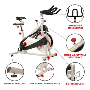 Sunny Health & Fitness Clipless Pedal Premium Indoor Cycling Exercise Bike with Belt Drive - Barbell Flex