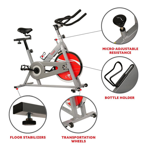 Image of Sunny Health & Fitness Chain Drive Indoor Cycling Trainer Exercise Bike - Silver - Barbell Flex