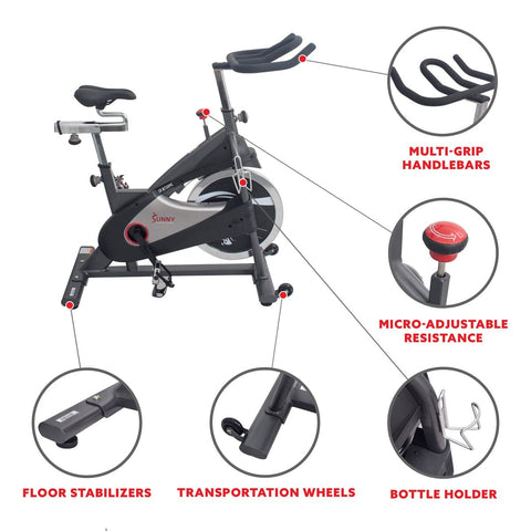 Image of Sunny Health & Fitness Clipless Pedal Premium Indoor Cycling Exercise Bike with Chain Drive - Barbell Flex