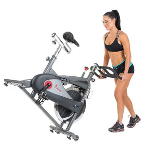 Sunny Health & Fitness Clipless Pedal Premium Indoor Cycling Exercise Bike with Chain Drive - Barbell Flex
