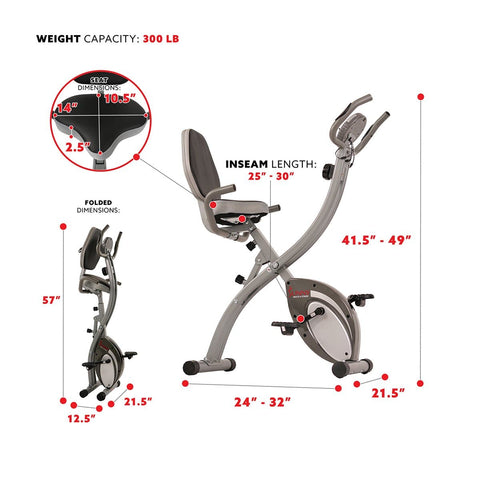 Image of Sunny Health & Fitness Folding Magnetic Semi Recumbent Upright Bike, Comfort XL w/ High Weight Capacity and Pulse Rate - Barbell Flex