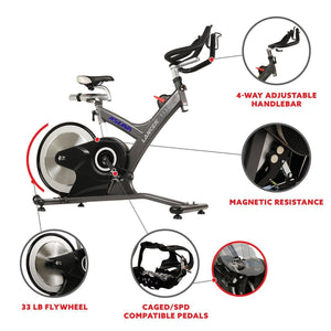Products Sunny Health & Fitness Lancer Cycle Exercise Bike - Magnetic Belt Rear Drive Commercial Indoor Cycling Bike - Barbell Flex