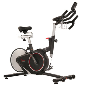 Sunny Health & Fitness Magnetic Rear Belt Drive Indoor Cycling Bike, High Weight Capacity w/ Cadence Sensor and Pulse Rate - Barbell Flex