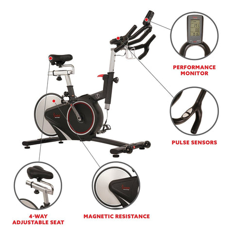 Image of Sunny Health & Fitness Magnetic Rear Belt Drive Indoor Cycling Bike, High Weight Capacity w/ Cadence Sensor and Pulse Rate - Barbell Flex