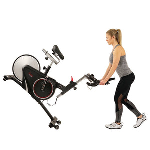 Sunny Health & Fitness Magnetic Rear Belt Drive Indoor Cycling Bike, High Weight Capacity w/ Cadence Sensor and Pulse Rate - Barbell Flex
