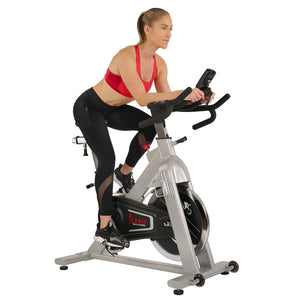 Sunny Health & Fitness Belt Drive Indoor Cycling Bike, High Weight Capacity w/ Cadence Sensor and Pulse Rate Monitor - Barbell Flex