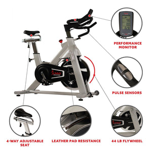 Sunny Health & Fitness Belt Drive Indoor Cycling Bike, High Weight Capacity w/ Cadence Sensor and Pulse Rate Monitor - Barbell Flex