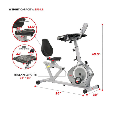 Image of Sunny Health & Fitness Magnetic Recumbent Desk Exercise Bike, 350lb High Weight Capacity, Monitor - Barbell Flex