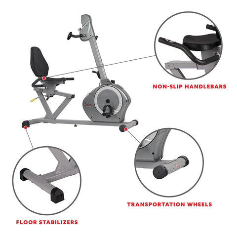 Image of Sunny Health & Fitness Magnetic Recumbent Exercise Bike, 350 lb High Weight Capacity, Arm Exercisers, Monitor, Pulse Rate - Barbell Flex