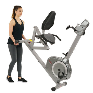Sunny Health & Fitness Magnetic Recumbent Exercise Bike, 350 lb High Weight Capacity, Arm Exercisers, Monitor, Pulse Rate - Barbell Flex