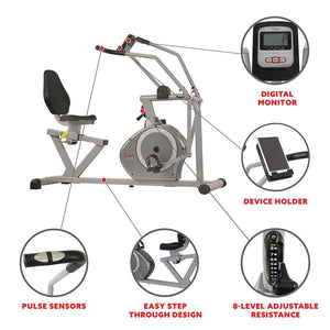 Sunny Health & Fitness Magnetic Recumbent Exercise Bike, 350lb High Weight Capacity, Arm Exercisers, Monitor, Pulse Rate - Barbell Flex