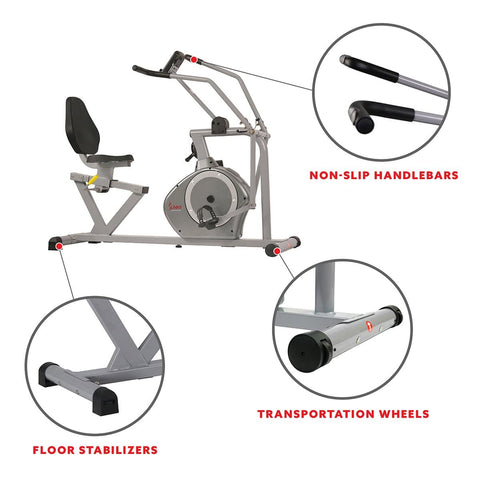Image of Sunny Health & Fitness Magnetic Recumbent Exercise Bike, 350lb High Weight Capacity, Arm Exercisers, Monitor, Pulse Rate - Barbell Flex