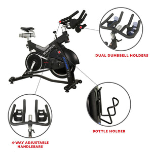 Sunny Health & Fitness Minotaur Cycle Exercise Bike - Magnetic Belt Drive High Weight Capacity Indoor Cycling Bike - Barbell Flex