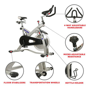 Sunny Health & Fitness Sabre Cycle Exercise Bike - Magnetic Belt Drive Commercial Indoor Cycling Bike - Barbell Flex
