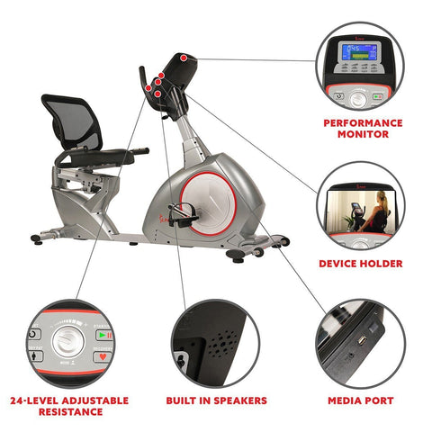 Image of Sunny Health & Fitness Recumbent Bike Exercise Bike, Self-Powered Cycling for USB Charging Function - Barbell Flex