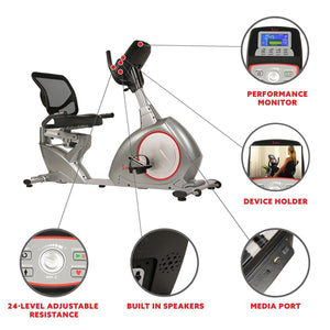 Sunny Health & Fitness Recumbent Bike Exercise Bike, Self-Powered Cycling for USB Charging Function - Barbell Flex
