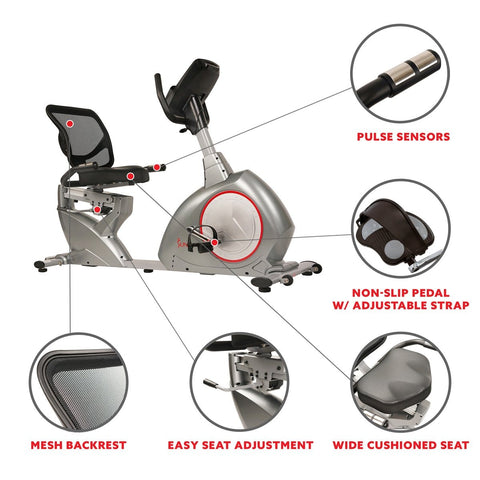 Image of Sunny Health & Fitness Recumbent Bike Exercise Bike, Self-Powered Cycling for USB Charging Function - Barbell Flex