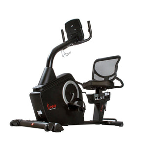Sunny Health & Fitness Stationary Recumbent Bike w/ Programmable Display, 16 Level Magnetic Resistance & iPad/Device Holder - Barbell Flex