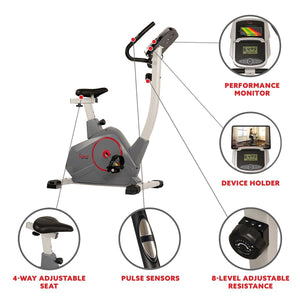 Sunny Health & Fitness Upright Exercise Bike with Performance Monitor, Device Holder, 275 LB Max User Weight - Barbell Flex