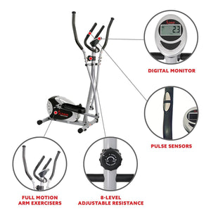 Sunny Health & Fitness Magnetic Elliptical Bike Elliptical Machine w/ LCD Monitor and Heart Rate Monitoring - Barbell Flex