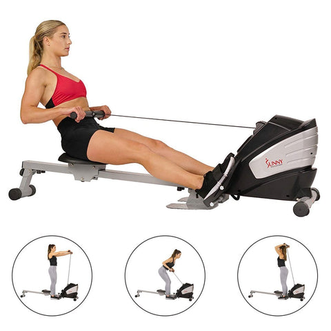 Image of Sunny Health & Fitness Dual Function Magnetic Rowing Machine Rower w/ LCD Monitor - Barbell Flex