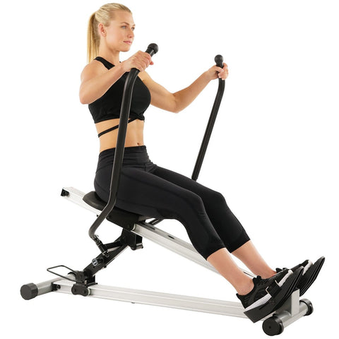 Image of Sunny Health & Fitness Incline Full Motion Rowing Machine Rower w/ 350 lb Weight Capacity and LCD Monitor - Barbell Flex