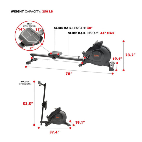 Image of Sunny Health & Fitness Magnetic Rowing Machine - Black - Barbell Flex
