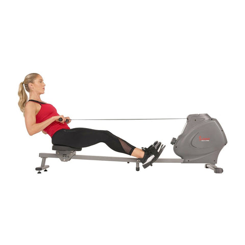 Sunny Health & Fitness Magnetic Rowing Machine Rower, LCD Monitor w/ Bottle Holder - Synergy Power Motion - Barbell Flex