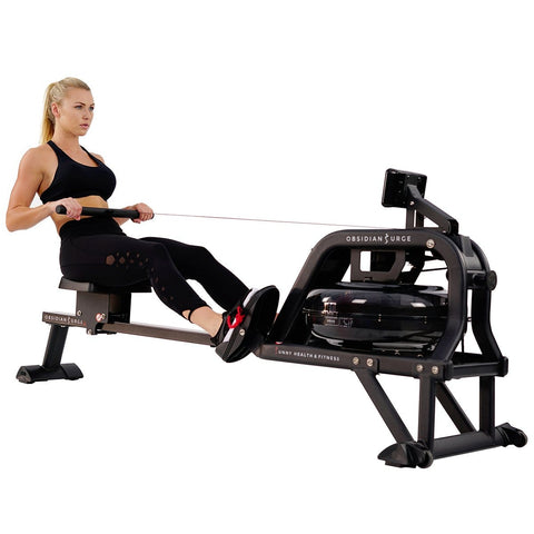 Image of Sunny Health & Fitness Obsidian Surge Water Rowing Machine Rower w/ LCD Monitor - Barbell Flex