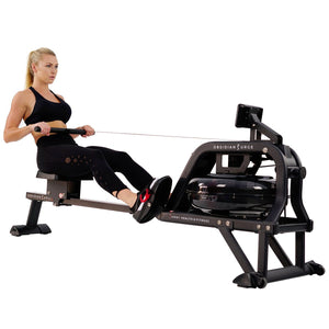 Sunny Health & Fitness Obsidian Surge Water Rowing Machine Rower w/ LCD Monitor - Barbell Flex