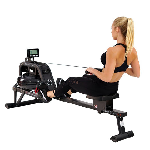 Image of Sunny Health & Fitness Obsidian Surge Water Rowing Machine Rower w/ LCD Monitor - Barbell Flex