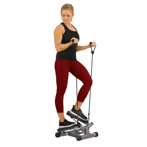 Image of Sunny Health & Fitness Twisting Stair Stepper Step Machine w/ Resistance Bands and LCD Monitor - Barbell Flex