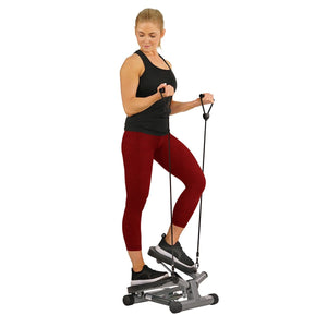 Sunny Health & Fitness Twisting Stair Stepper Step Machine w/ Resistance Bands and LCD Monitor - Barbell Flex