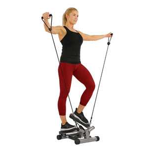 Sunny Health & Fitness Twisting Stair Stepper Step Machine w/ Resistance Bands and LCD Monitor - Barbell Flex