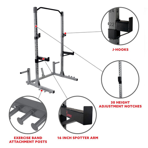 Image of Sunny Health & Fitness Power Squat Rack w/ High Weight Capacity, Weight Plate Storage, Swivel Landmine & Band Attachments - Barbell Flex