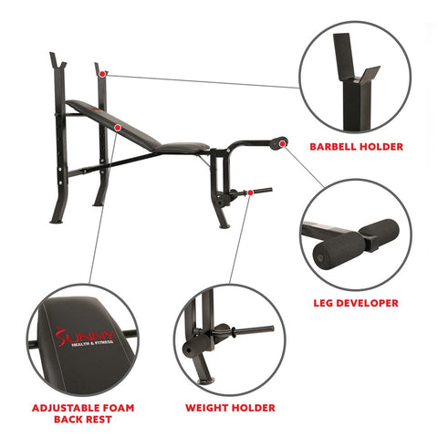 Image of Sunny Health & Fitness Adjustable Weight Bench w/ Decline, Flat and Incline Training Positions and Leg Developer - Barbell Flex