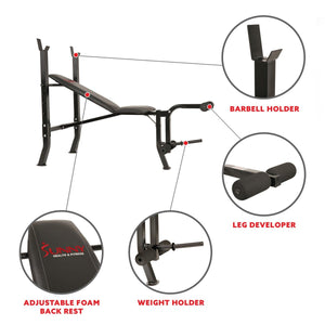 Sunny Health & Fitness Adjustable Weight Bench w/ Decline, Flat and Incline Training Positions and Leg Developer - Barbell Flex