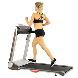 Sunny Health & Fitness Running Treadmill, 20" Wide Belt, Flat Folding & Low Pro for Portability w/ Speakers and USB - Barbell Flex